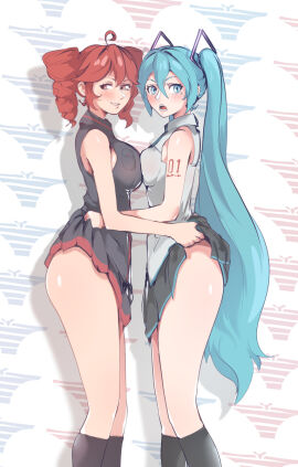 2d 2d_(artwork) 2girls ahoge arm_tattoo ass bare_thighs blue_eyes blue_hair blush breast_press breast_size_difference breasts breasts_pressed_together clothed clothing female female_only hair_ornament hatsune_miku kasane_teto large_ass large_breasts mandragora_(artist) mostly_clothed no_panties red_eyes red_hair shiny_skin side_view sideboob simple_background skirt skirt_lift skirt_lifted_by_another socks suggestive_look surprised surprised_expression tattoo thick_thighs thighs twin_drills twintails utau vocaloid