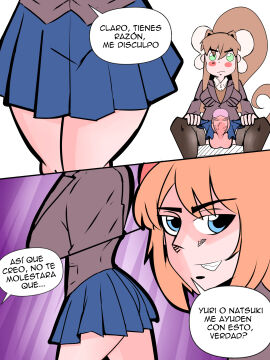 1futa 1girls ass balls big_penis blue_eyes bottomless breasts brown_hair clothed clothing comic_page dialogue doki_doki_literature_club erection female fully_clothed futanari green_eyes human insinuation intersex light-skinned_female light-skinned_futa light_skin monika_(doki_doki_literature_club) mostly_clothed no_sex peach_hair penis sayori_(doki_doki_literature_club) school_uniform schoolgirl simple_background sitting socks spanish_dialogue spanish_text text thighs topless translated vi_wesker walking white_background white_skin