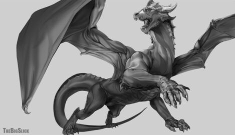 claws greyscale monochrome open_mouth sharp_teeth solo tail teeth wings