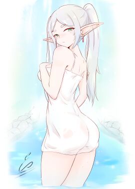 1girls alternate_version_available ass breasts clothing dress ear_piercing earrings emixxcerberus female female_only frieren green_eyes hair looking_back pointy_ears short_dress simple_drawing small_breasts solo solo_female sousou_no_frieren sparkles thighs twintails water waterfall wet_clothes white_dress white_hair