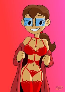 1girls bedroom_eyes boobs bra breasts brown_hair cleavage eyebrows eyebrows_visible_through_hair eyelashes female female_focus female_only garter_belt garter_straps glasses human human_only light-skinned_female light_skin lingerie lingerie_only looking_at_viewer lovin’sis milf navel pale-skinned_female pale_skin panties ponytail red_bra red_garter_belt red_garter_straps red_lingerie red_panties red_robe red_stockings red_underwear robe seductive seductive_look single_mom smiling smiling_at_viewer solo standing stockings susan_(xierra099) teeth tied_hair trenchcoat underwear xierra099