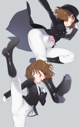 1girls black_boots black_hat black_jacket boots breasts brown_eyes brown_hair character_request closed_mouth commission female gloves grey_background hand_on_headwear hat highres jacket kicking knee_boots leg_up long_sleeves multiple_views nanaichi not_porn original pants parted_lips riding_boots riding_outfit safe safe_for_work short_hair simple_background skeb_commission white_gloves white_pants
