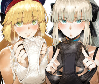 2girls artoria_caster_(fate) artoria_pendragon artoria_pendragon_(caster) blonde_hair blue_eyes fate/grand_order fate_(series) female green_eyes hero_neisan highres holding_panties morgan_le_fay_(fate) panties presenting_panties presenting_removed_panties smell smell_fetish smile smiling white_hair