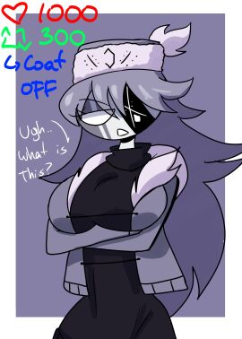 1girls 5:7 arms_crossed arms_crossed_under_breasts arms_under_breasts breasts eye_mask female friday_night_funkin friday_night_funkin_mod full_comfort grey_hair grey_skin huge_breasts mid_fight_masses part_1 russian russian_female ruv_(dokki.doodlez) ruvina slim_waist strip_game white_eyes winter_clothes