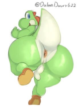 1boy anthro anus anus_focus ass ass_focus balls big_ass big_butt blue_eyes brown_clothing brown_footwear brown_shoes clothing dalemdaury622 dinosaur extinct femboy footwear footwear_only full_body genitals girly green_body green_scales green_yoshi hi_res looking_at_viewer looking_back male male_only mario_(series) mostly_nude multicolored_body nintendo penis prehistoric_species raised_tail reptile scales scalie shoes simple_background small_balls small_penis solo tail tail_anus testicles thick_thighs two-tone_body white_background yoshi