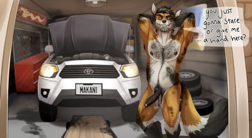 absurd_res anthro balls beard black_armpit_hair black_body black_fur black_hair black_nipples black_penis black_pubes blue_eyes body_hair canid car chest_hair dirty erection facial_hair fangs foreskin fur genitals grey_beard grey_facial_hair grin hair heterochromia hi_res humanoid_genitalia humanoid_penis imperatorcaesar inside looking_at_viewer male mammal narrowed_eyes nipple_piercing nipples nude orange_body orange_fur penis piercing pubes short_hair smile solo standing teeth tire tools uncircumcised vehicle white_body white_fur yellow_eyes