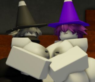 2girls 3d ass bedroom beial_(goofy_lookin) big_breasts breasts bubble_ass bubble_butt caught caught_in_the_act caught_off_guard cone_hat elienia_(goofy_lookin) female female_only goofylookin grey_hair holding_hands kneeling large_breasts lesbian_kiss looking_at_viewer massive_ass nude nude_female on_bed purple_hair roblox scarf short_hair sitting_on_bed sitting_on_knees topless_female white_body white_skin