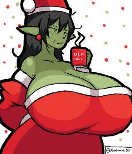 breasts christmas christmas_clothing christmas_headwear christmas_outfit coffee coffee_mug cup earrings female freckles freckles_on_breasts freckles_on_face gigantic_breasts goblin goblin_female kuruman mature_female messed_up_hair milf mother oc older_female original original_character sketch
