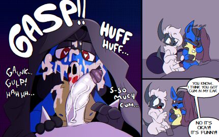 2025 4_fingers absol after_oral after_sex anthro anthro_on_anthro big_penis black_inner_ear black_nose blue_body blue_fur bodily_fluids canid canine chest_spike circumcised cleaning_up comic corruptedcryptid cum cum_on_arm cum_on_ear cum_on_face cum_on_penis cum_on_tongue cum_string dialogue english_text erection fingers fur gasp generation_3_pokemon generation_4_pokemon genital_fluids genitals glans gloves_(marking) hair half-closed_eyes hand_spike heart_eyes heart_symbol hi_res huge_cock humanoid_genitalia humanoid_penis humor interspecies looking_down lucario male male/male mammal markings narrowed_eyes nintendo onomatopoeia penis pillow pokemon pokemon_(species) pupils purple_glans red_eyes sound_effects speech_bubble spikes spikes_(anatomy) text tongue tongue_out under_covers white_body white_fur white_hair white_penis white_pupils
