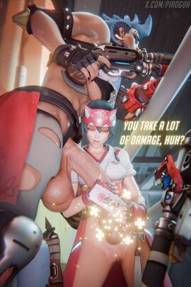 1futa 1girls 3d 3d_(artwork) blizzard_entertainment dark-skinned_futa dark_skin female futa_with_female futanari intersex junker_queen kiriko_(overwatch) looking_at_penis looking_down looking_pleasured overwatch penis piroguh size_difference standing