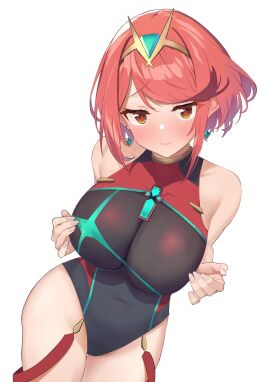 1girls bare_shoulders black_one-piece_swimsuit blush breasts chest_jewel competition_swimsuit covered_navel earrings female gem headpiece highres jewelry large_breasts looking_at_viewer one-piece_swimsuit pyra red_eyes red_hair short_hair solo swept_bangs swimsuit tiara xenoblade_chronicles_(series) xenoblade_chronicles_2 xunue3