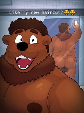 absurd_res anthro ass backsack balls bear benny_(bennyafterdark) big_butt blush butt_tattoo electronics genitals hi_res male mammal mirror moobs nipples nude phone reflection slightly_chubby smile smiley_face social_media solo tattoo tombutad
