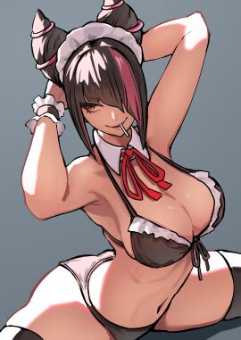 armpit armpits arms_behind_head arms_up ass breasts evil_smile female juri_han large_ass large_breasts legs_apart looking_to_the_side maid_bikini maid_headdress object_in_mouth smile street_fighter