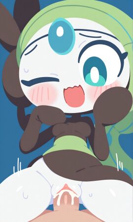 1boy 1girls ai ai-created ai_generated black_dress blue_eyes blush cowgirl_position cum cum_inside flat_colors game_freak green_hair hand_on_own_face jewel_on_forehead looking_down meloetta motion_lines nintendo one_eye_closed open_mouth pokemon pokemon_(species) sex shittyaistuff small_breasts straddling sweat white_skin