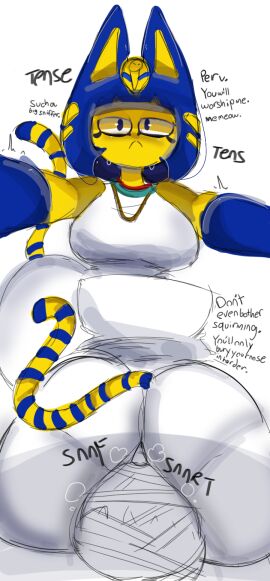 1boy 1girls animal_crossing animal_crossing_new_horizons ankha ass big_ass big_breasts bondage breasts cat_girl catgirl dialogue facesitting feline female forced_to_sniffing holding humanoid male malesub mummification mummy musk nintendo sniffing_ass solo007_(artist) trapped_under_ass villager_(animal_crossing) white_background