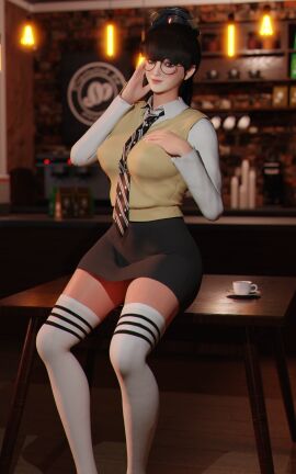 1girls ass big_ass big_breasts black_hair breasts eve_(stellar_blade) female female_only glasses legwear looking_at_viewer makeup skirt solo solo_female stellar_blade thighhighs thighs zen_art