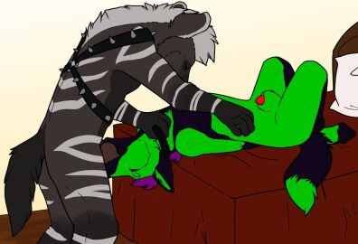 animal_genitalia anthro anthro_on_anthro anthro_penetrated anthro_penetrating anthro_penetrating_anthro bed black_body black_fur black_harness brown_body brown_fur brown_penis canid cheek_tuft closed_eyes duo facial_tuft fur furniture genitals green_body green_fur green_sheath hair hands_behind_back harness hyena inside lying male male/male male_penetrated male_penetrating male_penetrating_male mammal mane markings nude on_back on_bed oral penetration penis penis_in_mouth penis_tip purple_hair red_penis sex sheath spiked_harness spikes striped_arms striped_back striped_legs tuft unbreakable-warrior white_hair white_mane white_markings