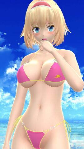 1girls 2023 3d adult_female alice_margatroid beach belly_button bikini blonde-haired_female blue_eyes blue_sky blush breasts clavicle cleavage clouds female hand_on_mouth hati_yukkuri_mmd headband hips human light-skinned_female light_skin looking_at_viewer mmd one_arm_up open_mouth outdoors pink_bikini short-haired_female shy sky solo_female solo_focus swimsuit touhou waist water