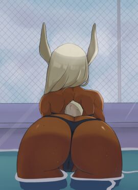1girls animal_ears ass ass_crack ass_focus back bent_over bikini bikini_bottom black_bikini boku_no_hero_academia butt_crack cameltoe chain-link_fence dark-skinned_female dark_skin female fence from_behind grey_hair hair_over_shoulder long_hair miruko mole muscular muscular_female my_hero_academia partially_submerged pool presenting presenting_hindquarters pussy rabbit_ears rabbit_girl rabbit_tail rumi_usagiyama solo strapless swimsuit tail tekkantake thong thong_bikini water