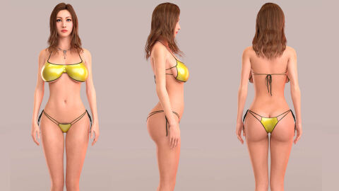1girls 3d bikini brown_hair female female_only gold_bikini original solo stormlux18 yellow_bikini