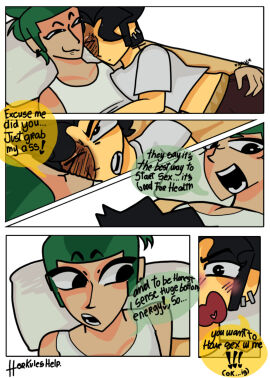 comic comic_page disventure_camp fully_clothed gay green_hair heart-shaped_pupils kai_(disventure_camp) long_hair male odd_nation_cartoons preparing tagme yul_(disventure_camp)
