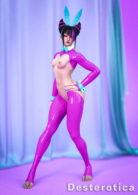 1girls 3d annoyed annoyed_expression armwear breasts bunnysuit crop_top dest easter female female_only footwear juri_han latex middle_finger reverse_bunnysuit solo solo_focus street_fighter street_fighter_6 tight_clothing toeless_footwear toeless_legwear toenail_polish