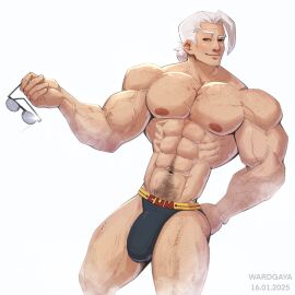 1boy abs artist_name bara bulge dated glasses male male_focus male_only muscular muscular_arms muscular_chest muscular_male nipples pecs pectorals sakamoto_days sakamoto_taro shirtless solo solo_male text thighs topless topless_male wardgaya yaoi