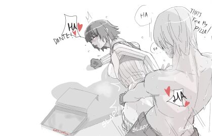 1boy 1girls 2d artist_name beard_stubble black_hair blush clothed_sex dante_(devil_may_cry) devil_may_cry devil_may_cry_(series) devil_may_cry_4 dialogue english_text facial_hair female gloves greyscale heart heterochromia highres jumpoon lady_(devil_may_cry) male monochrome pizza_box sex sex_from_behind simple_background stubble sweat text white_background