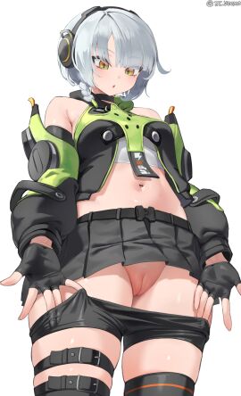 1girls anby_demara breasts female jtveemo light-skinned_female light_skin low-angle_view medium_breasts miniskirt no_panties perky_breasts petite petite_body pleated_skirt pussy short_hair skirt slim_body solo thick_thighs thighhighs undressing white_hair wide_hips yellow_eyes zenless_zone_zero