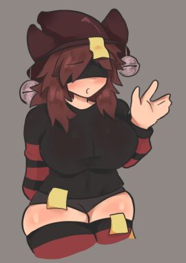 1girls blindfold blush_lines breasts brown_hair clothed clothing female hat large_breasts looking_at_viewer roblox roblox_avatar shy solo thick_thighs thighhighs waving