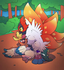 absurd_res anal anal_sex ancient_pokemon argon_vile arthropod ass avian bird blush bodily_fluids cum cum_in_ass cum_inside duo feral feral_only generation_9_pokemon genital_fluids genitals hi_res lying male male/male mega_evolution mega_pidgeot nintendo on_back outside paradox_pokemon penetration penis pidgeot pokemon pokemon_(species) predator/prey role_reversal slither_wing sweat