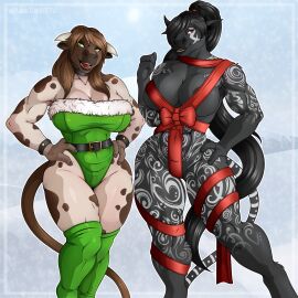 1:1 2023 2_horns 2girls 3_fingers anthro areola areola_slip big_breasts black_body black_collar black_fur black_hair blizzard_entertainment bovid bovine breasts brown_body brown_fur brown_hair christmas christmas_clothing cleavage clothed clothing collar duo ebon_thundermoon female female_only fingers fur green_clothing green_eyes green_legwear green_leotard green_thigh_highs hair hair_over_eye hands_on_hips hi_res holidays horn kvie_cloverhoof_(kvie) legwear leotard long_hair looking_at_viewer mammal markings muscular muscular_female one_eye_obstructed planktonheretic red_eyes red_ribbon ribbons skimpy smiling smiling_at_viewer standing tail tauren thick_thighs thigh_highs tribal tribal_markings warcraft wide_hips world_of_warcraft