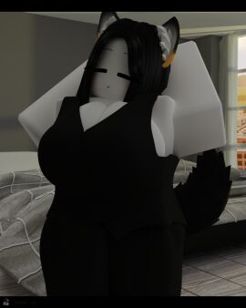 3d arms_behind_head big_breasts black_hair black_tail blender_(software) blender_cycles blush breasts cher924 closed_eyes clothed_female female fox_ears fox_girl no_sex raised_arm roblox robloxian self_upload tilted_head watermark white_skin