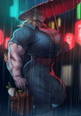 1boy 2024 big_bulge big_chest big_pecs blonde_hair boosterpang breasts busty chest_hair furry groceries homura_(rexpecs) huge_bulge huge_chest male male_only masculine massive_chest muscular original original_character penis penis_visible_through_clothing solo solo_male