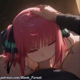 1boy ai_generated animated areolae bangs black_jacket black_pants black_ribbon blank_forest blue_eyes blunt_bangs blush breasts collarbone collared_shirt deep_blowjob deepthroat dress_shirt erection eyebrows_visible_through_hair fellatio female go-toubun_no_hanayome green_skirt hair_ornament hair_ribbon hand_on_another's_head jacket large_breasts licking_penis long_hair long_sleeves looking_at_viewer male medium_hair nakano_nino nipples nude open_fly open_mouth oral out_of_frame pants penis pink_hair pleated_skirt pov red_hair ribbon saliva saliva_trail shiny shirt shorter_than_10_seconds skirt solo_focus straight stray_pubic_hair sweat tagme tears two_side_up video white_shirt
