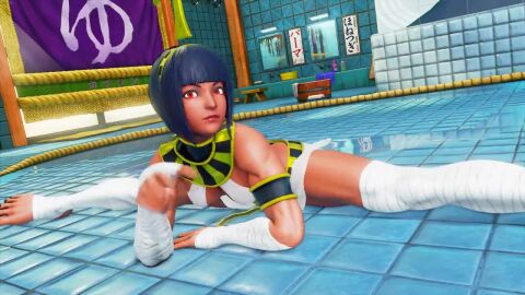 3d animated athletic athletic_female bob_cut brown_skin brown_skinned_female busty capcom egyptian egyptian_female female female_focus female_only hourglass_figure menat_(street_fighter) purple_hair sf_screenshot short_hair sound street_fighter street_fighter_v tagme video wide_hips