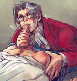 1boy 2boys antagonist blowjob blue_pants blush blush_lines blushing_at_partner blushing_male bubbles capcom clothed clothed_male clothed_male_partially_nude_male clothed_sex cravat cum cum_in_mouth cum_on_face cum_on_glasses cum_on_hair cumming cumming_from_oral cumming_in_mouth cumshot dick enemies enemies_having_sex enemies_to_lovers enemies_with_benefits friends friends_with_benefits gay gay_blowjob gay_male gay_sex grabbing_waist grey_eyes grey_hair gyakuten_saiban implied_character looking_at_partner male male/male male_focus male_only miles_edgeworth mitsurugi_reiji naruhodou_ryuuichi partially_clothed penis phoenix_wright protagonist red_coat rivals silver_hair unseen_character unseen_male_face video_game_character video_game_franchise video_games yaoi