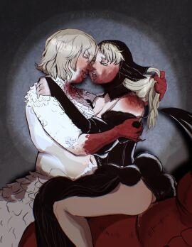 2024 5_fingers after_kiss artist_name ass bite_mark black_claws black_clothing black_cowl black_dress blonde_eyebrows blonde_hair blood_on_face blood_on_shoulder blood_string bodily_fluids breasts claws cleavage clothed clothed/nude clothed_female clothed_humanoid clothing cowl delicious_in_dungeon dragon dragon_taur dress dungeon_meshi duo elf eyebrows eyelashes falin_touden falin_touden_(chimera) feathered_dragon feathered_scalie feathers female female/female female_humanoid female_taur finger_claws fingers flirtybagels genital_fluids green_eyes hair hair_grab half-closed_eyes hi_res humanoid humanoid_pointy_ears humanoid_taur lesbian light_body light_skin marcille_donato marcille_donato_(lord) multicolored_body mythological_creature mythological_scalie mythology narrowed_eyes no_underwear nude nude_female nude_taur pussy red_body red_scales saliva saliva_string scales scalie side_view taur toe_claws touching_hair vaginal_fluids white_body white_feathers yellow_eyes yuri