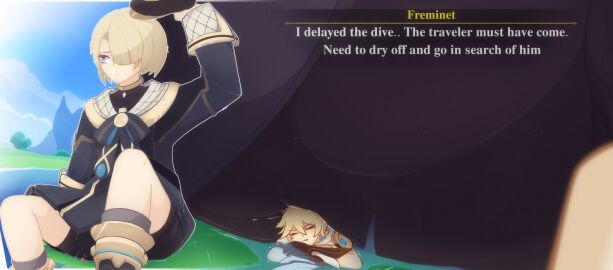 2boys ass blonde blonde_hair face_sitting freminet freminet_(genshin_impact) genshin_impact giant giant_male larger_male macro male male_only micro muka228 multiple_males sitting sitting_on_person size_difference smaller_male tight_clothing unaware wet