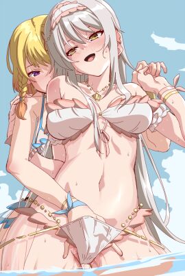 2girls arm_garter assault_lily bare_arms bare_shoulders bikini blonde_hair blue_bikini blue_sky blush bracelet braid breasts clothed_sex cloud collarbone commentary_request covered_nipples cowboy_shot day female fingering gradient_hair grey_hair hair_between_eyes hair_ribbon hairband hand_on_another's_shoulder hand_under_clothes hand_under_swimsuit hand_up hands_up hayakawa_yahiro holding_hands jewelry long_hair looking_ahead looking_at_another medium_breasts mototenn multi-strapped_bikini_bottom multicolored_hair multiple_females multiple_girls navel necklace ocean official_alternate_costume open_mouth orange_hair outdoors pendant pink_bikini pink_hairband pink_ribbon purple_eyes pussy pussy_juice reach-around ribbon short_hair side_braid sky smile standing stomach swimsuit tominaga_shin two-tone_bikini two-tone_hair two-tone_hairband very_long_hair wading wet white_bikini white_hairband wrist_ribbon yuri