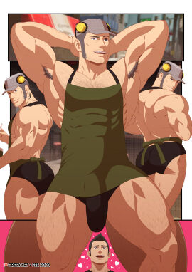 2boys abs apron armpit_hair arms_up ass back back_muscles back_view bara barista beefy biceps big_ass big_bulge big_butt big_penis black_briefs black_hair black_underwear body_hair bulge cap comic cresxart eye_contact gay green_apron grey_hair hairy hairy_armpits hairy_arms hairy_chest hairy_thighs hands_behind_head huge_bulge human human_only iwai_munehisa light-skinned_male light_skin looking_at_viewer looking_back male male/male male_only masculine_male mature mature_male mouth_open muscles muscular muscular_male muscular_thighs open_mouth pecs penis persona persona_5 saliva salivating tattoo_on_neck tattooed_neck thick_ass thick_thighs underwear yaoi
