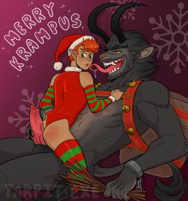 2022 abs animal_genitalia animal_penis anthro areola arm_warmers armwear artist_name ass bell biped blush bodily_fluids body_blush bovid butt_blush butt_grab canine_genitalia canine_penis caprine caprine_demon christmas claws clothed clothed_humanoid clothed_male clothing cowgirl_position demon dripping duo elf english_text erection eyes_mostly_closed face_lick femboy finger_claws fingers from_front_position fur genitals goat_demon green_eyes grey_body grey_fur hair hand_on_butt hand_on_chest harness hi_res holidays horn humanoid humanoid_hands humanoid_on_anthro imminent_anal interspecies knot knotted_penis krampus leotard licking male male/male mammal medium_hair mostly_nude_anthro mostly_nude_male muscular muscular_anthro muscular_male narrowed_eyes nervous nipples on_bottom on_top open_mouth open_smile orange_hair pecs penis red_clothing red_eyes red_leotard saliva saliva_drip saliva_string scratches sex sharp_teeth shy_waterlilies sitting_on_another smile stick straddling teeth text tongue tongue_out vein veiny_penis yellow_sclera