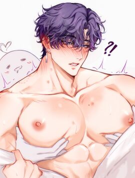 1boy bite bite_mark blush blush_lines breasts colored grabbing_breasts hickey hickey_marks holding_breast kinzlev love_and_deep_space male male_focus male_only mole muscular muscular_chest muscular_male nipples purple_hair rafayel_(love_and_deep_space) solo_focus squeezing squeezing_breast sweat sweatdrop upper_body