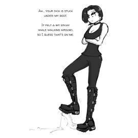 1boy 1girls black_and_white black_tank_top blush blushing_at_partner boot_fetish bootjob boots breasts celera_prime choker crossed_arms cum_drip demonia demonia_boots dominant_female dominatrix english english_text female femdom femdom_caption foot_fetish footjob footwear gentle_femdom goth goth_girl knee_boots kneeling male male/female monochrome original_character original_characters shoe_fetish shoejob short-haired_female short_hair submissive_male