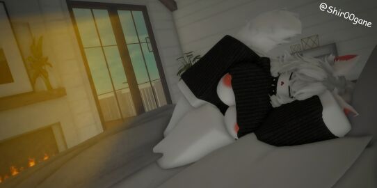 1girls 3d areola bedroom big_breasts breasts female fox_ears fox_girl fox_tail laying_on_bed long_hair messy_hair roblox robloxian self_upload shir0gane shirt_lift sleeping twitter_username white_hair white_skin white_tail