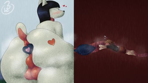 16:9 absurd_res anal anal_plug anal_sex anal_vore anthro ass balls big_ass big_butt black_hair black_nose blonde_hair blush bodily_fluids boxers_(clothing) buttplug canid canine clothing collar domestic_cat drawing duo embarrassed extreme_size_difference felid feline felis fur genitals grey_body grey_fur hair heart_symbol hi_res internal internal_anal larger_pred lazy_(lazy_sunshine) lazy_sunshine looking_back macro male male/male male_pred male_prey mammal markings musk musk_clouds musky_balls musky_butt nude object_in_ass outside penetration plug_(sex_toy) presenting presenting_hindquarters red_markings sex_toy sex_toy_in_ass sex_toy_insertion shirt signature size_difference sky small_tail smaller_prey sweat tail tan_body tan_fur topwear trapped trapped_in_butt underwear unnamed_character unwilling_vore vore widescreen worried