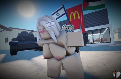 1boy 1girls 3d blonde_hair boobs breasts disrespect doggy_style female flag israel lilix_rr34 male mcdonald's palestine panzerkampfwagen_iv parody roblox robloxian self_upload sex tagme tank
