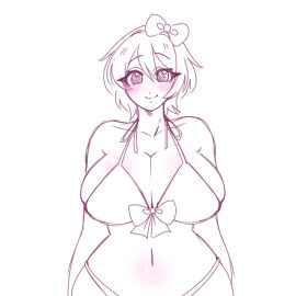 1girls bare_shoulders big_breasts bikini black_and_white blush bow breasts cleavage doki_doki_literature_club female female_focus female_only hairbow marukunart midriff navel sayori_(doki_doki_literature_club) solo solo_female