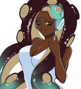 1girls cleavage clothed clothing dark-skinned_female dark_skin female halfbody hybrid lewa_nn marina_(splatoon) octoling off_the_hook_(splatoon) peak splatoon splatoon_2 white_dress