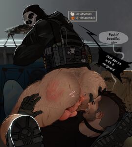 2boys activision anus ass balls bara beard big_balls body_hair call_of_duty call_of_duty_modern_warfare_2_(2022) clothing eating_ass english_text gay ghost_(modern_warfare_2) hairy hairy_male hotsatans john_mactavish male male/male male_only mammal masculine_male mask masked masked_male mature_male mohawk mohawk_(hairstyle) muscular muscular_male simon_riley simon_riley_bottom skull_mask soap_(modern_warfare_2) text tight_clothing yaoi
